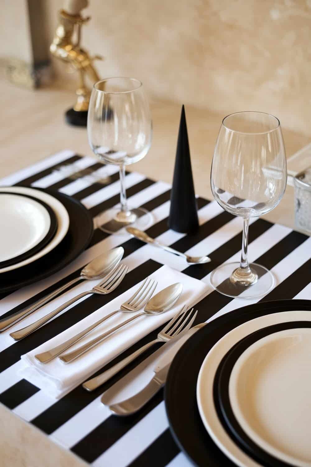 Referee striped table settings with plates, glasses, and cutlery