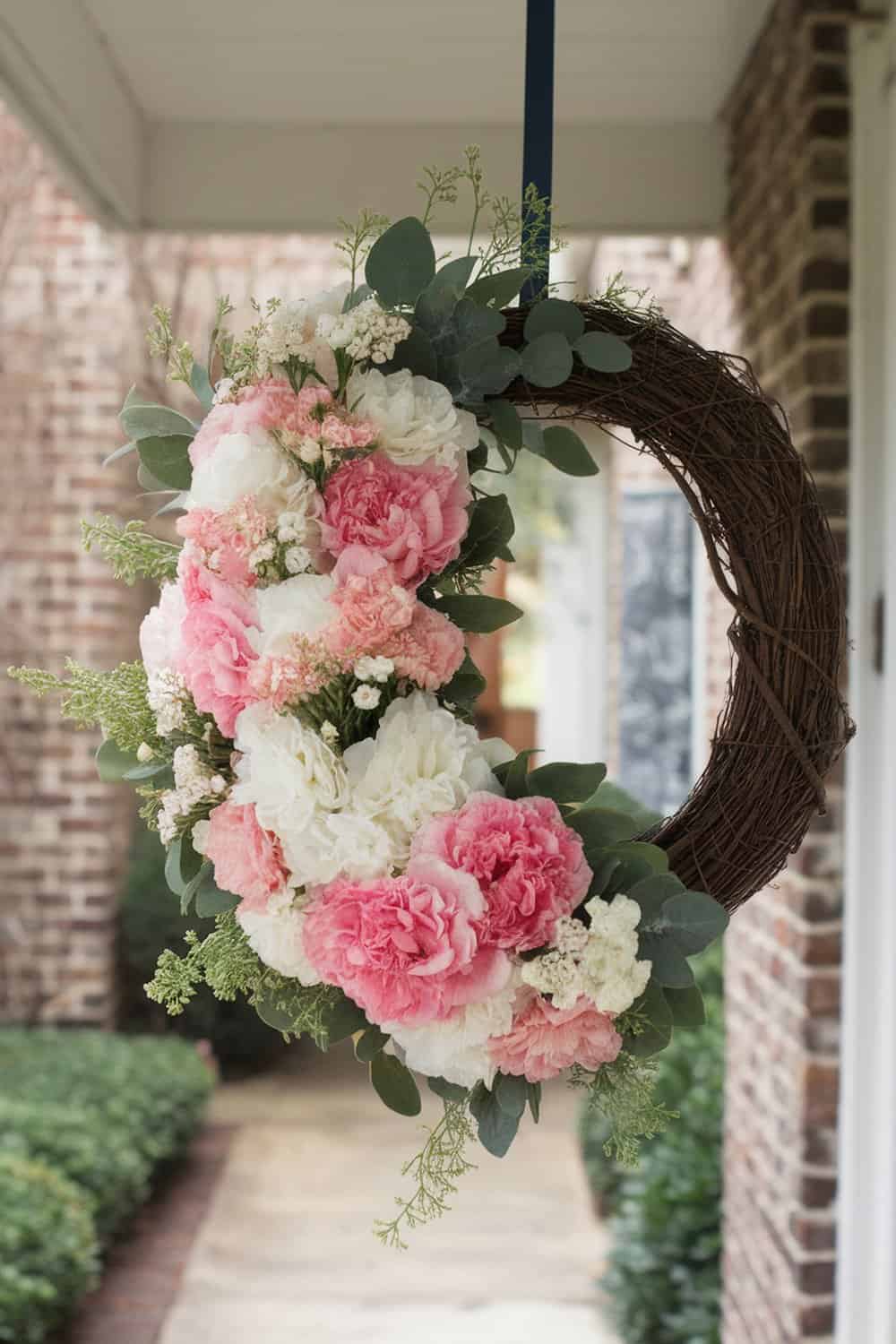 A floral wreath with pink and white flowers hanging on a door.