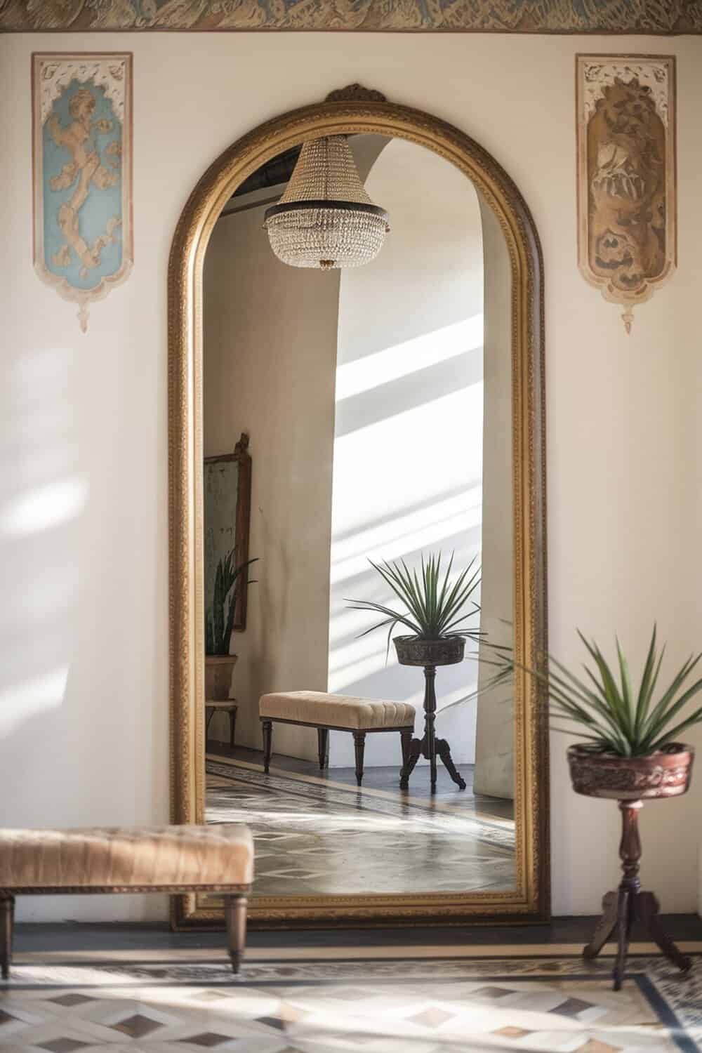 A large decorative mirror with a golden frame reflecting a bright room with plants and a chandelier.