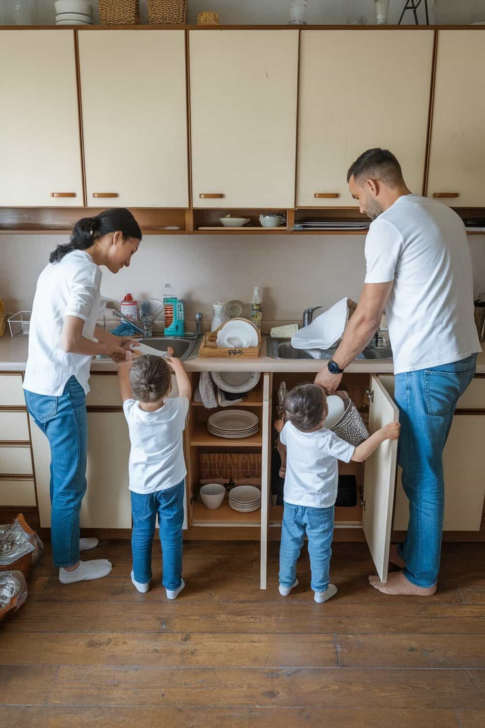 A family organizing the kitchen sink together, with kids helping to put away dishes.