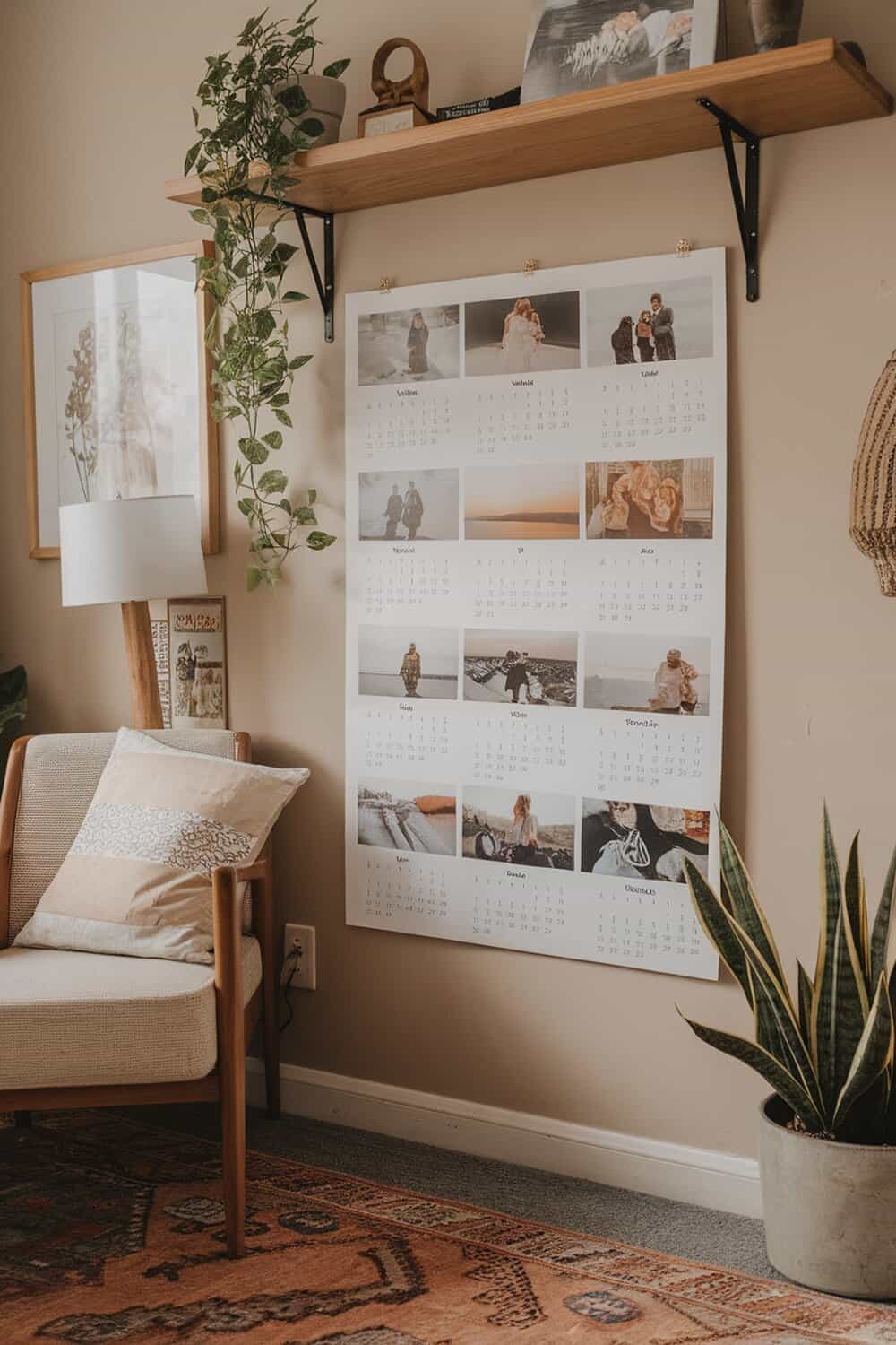A personalized calendar hanging on a wall with photos and dates.