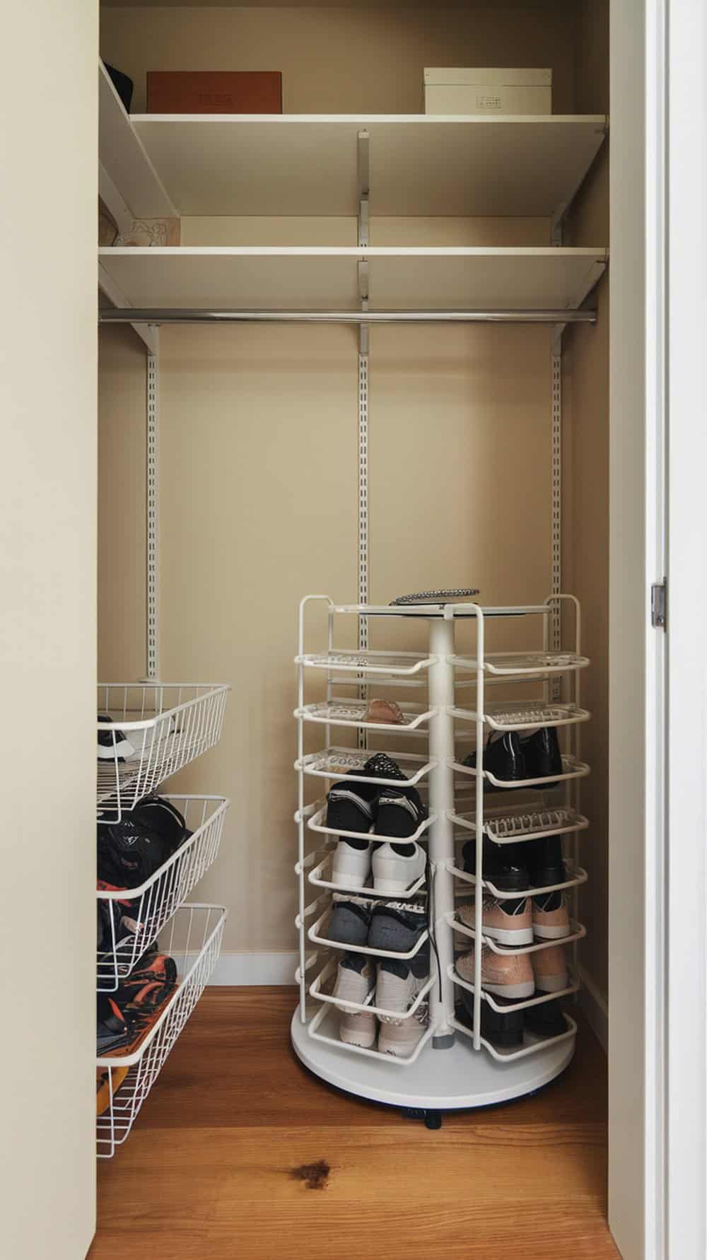 A rotating shoe rack with various shoes organized neatly in a small closet.