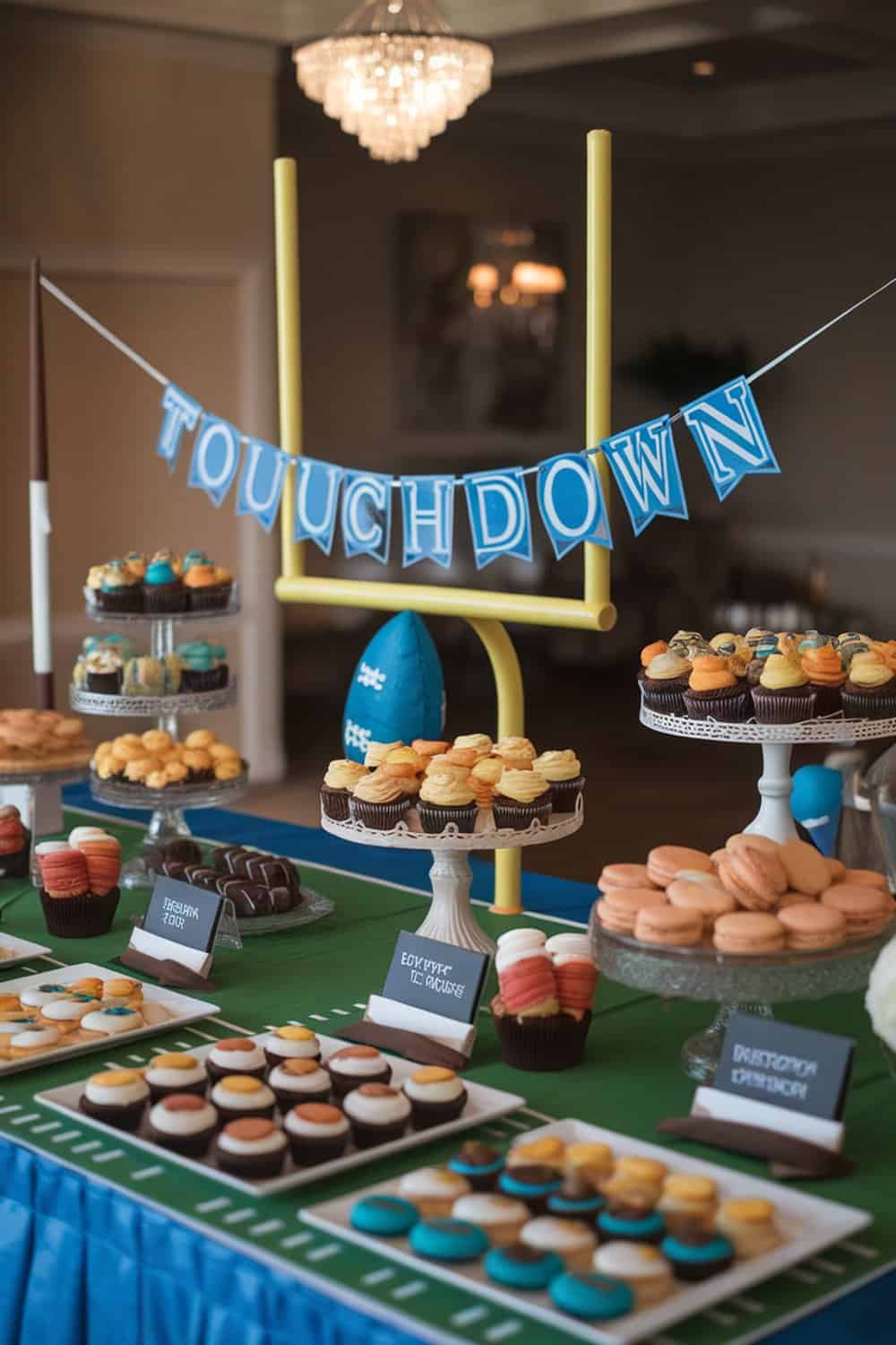 A dessert table decorated with a 'TOUCHDOWN' banner, featuring various cupcakes and cookies in football theme.