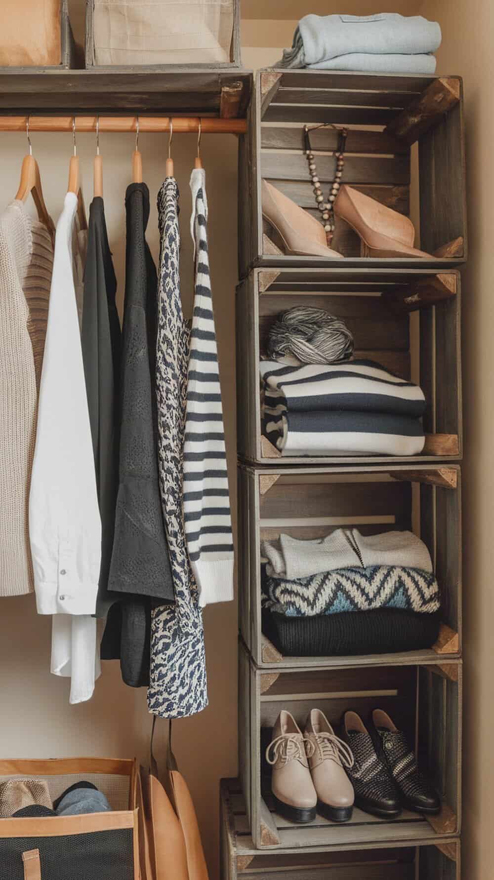 Wooden crates used for closet organization with clothes and shoes.