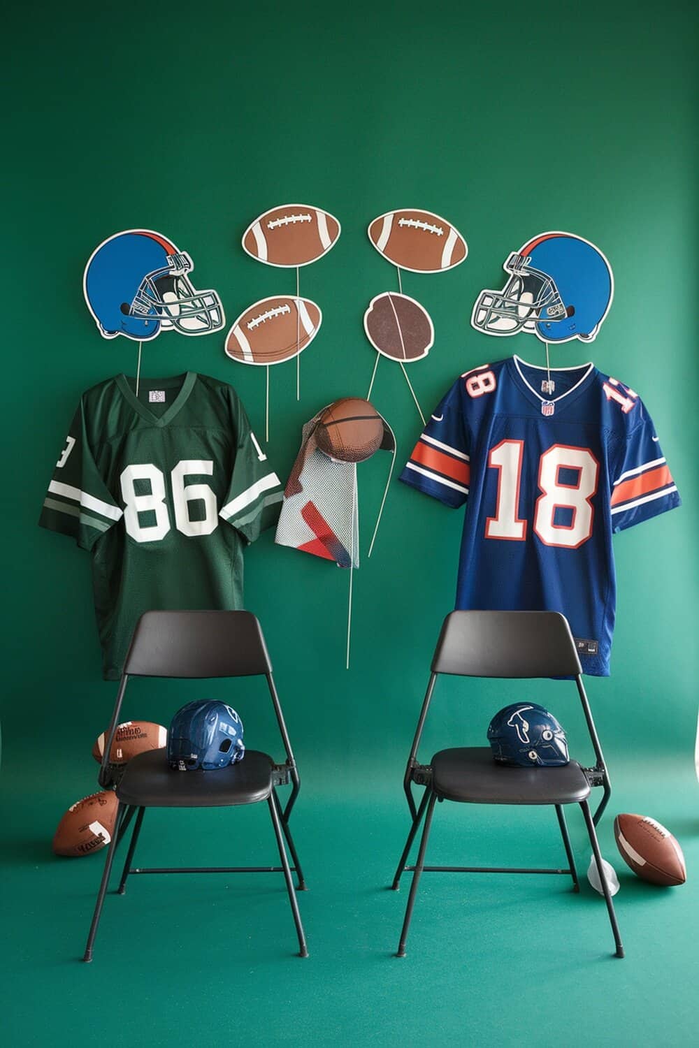DIY photo booth with football props, featuring jerseys, helmets, and football cutouts.