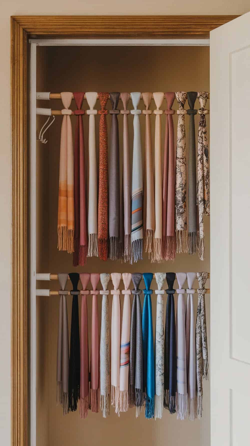 A closet with tension rods holding various colorful scarves neatly organized.