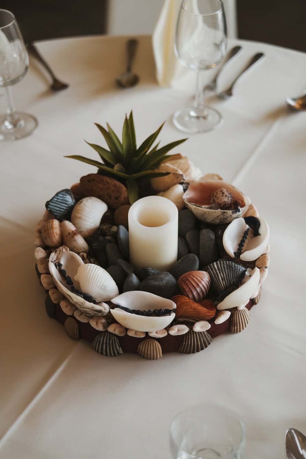 A decorative table centerpiece made of shells, stones, and a candle.