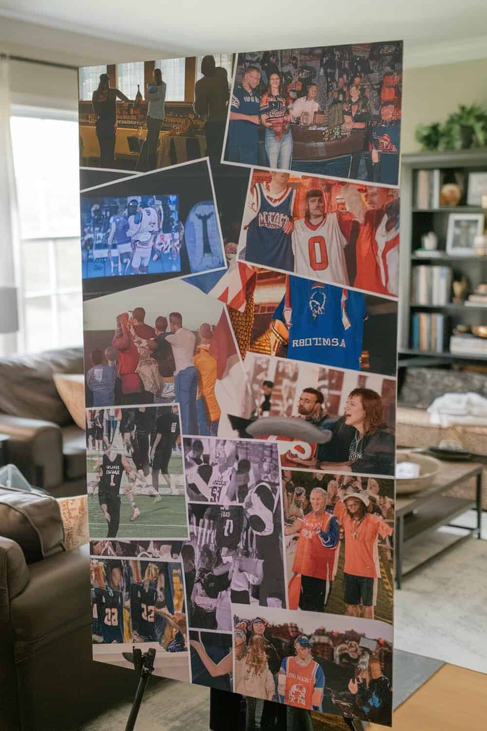 A collage of sports photos displayed on a board, featuring various game day moments.
