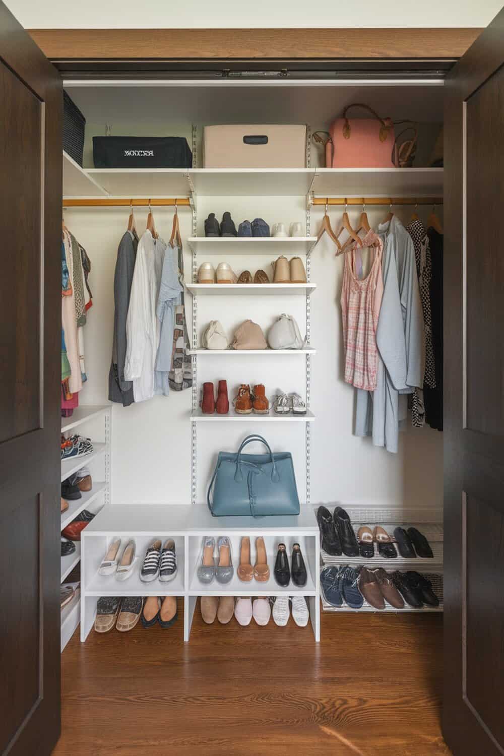 A well-organized closet with shelves, shoes, and bags.