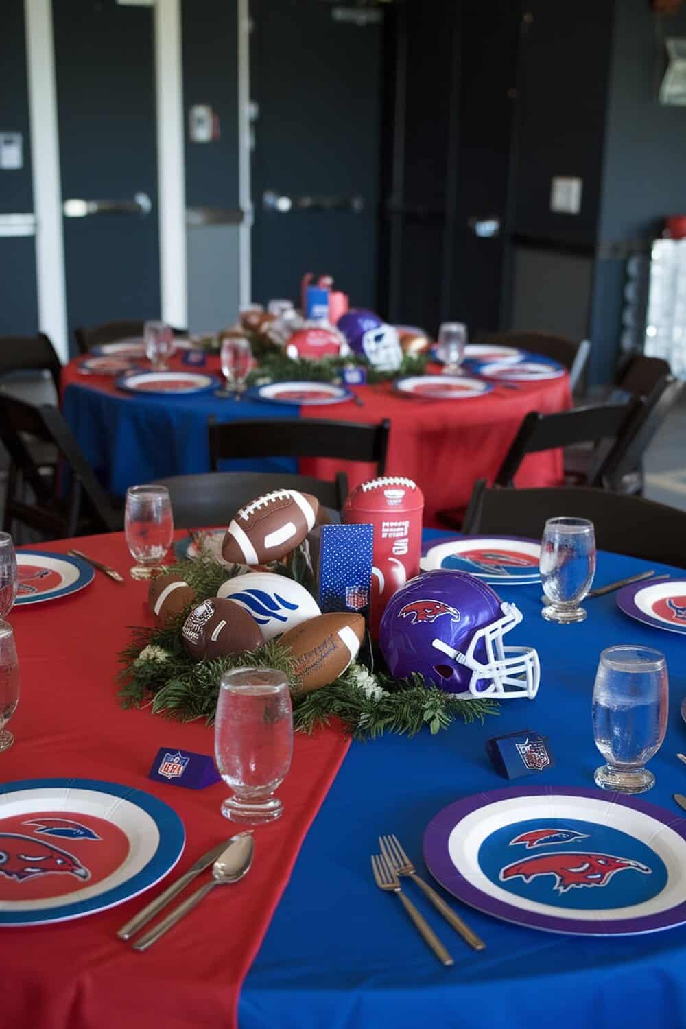 Football party table decor with team color tablecloths and themed decorations.