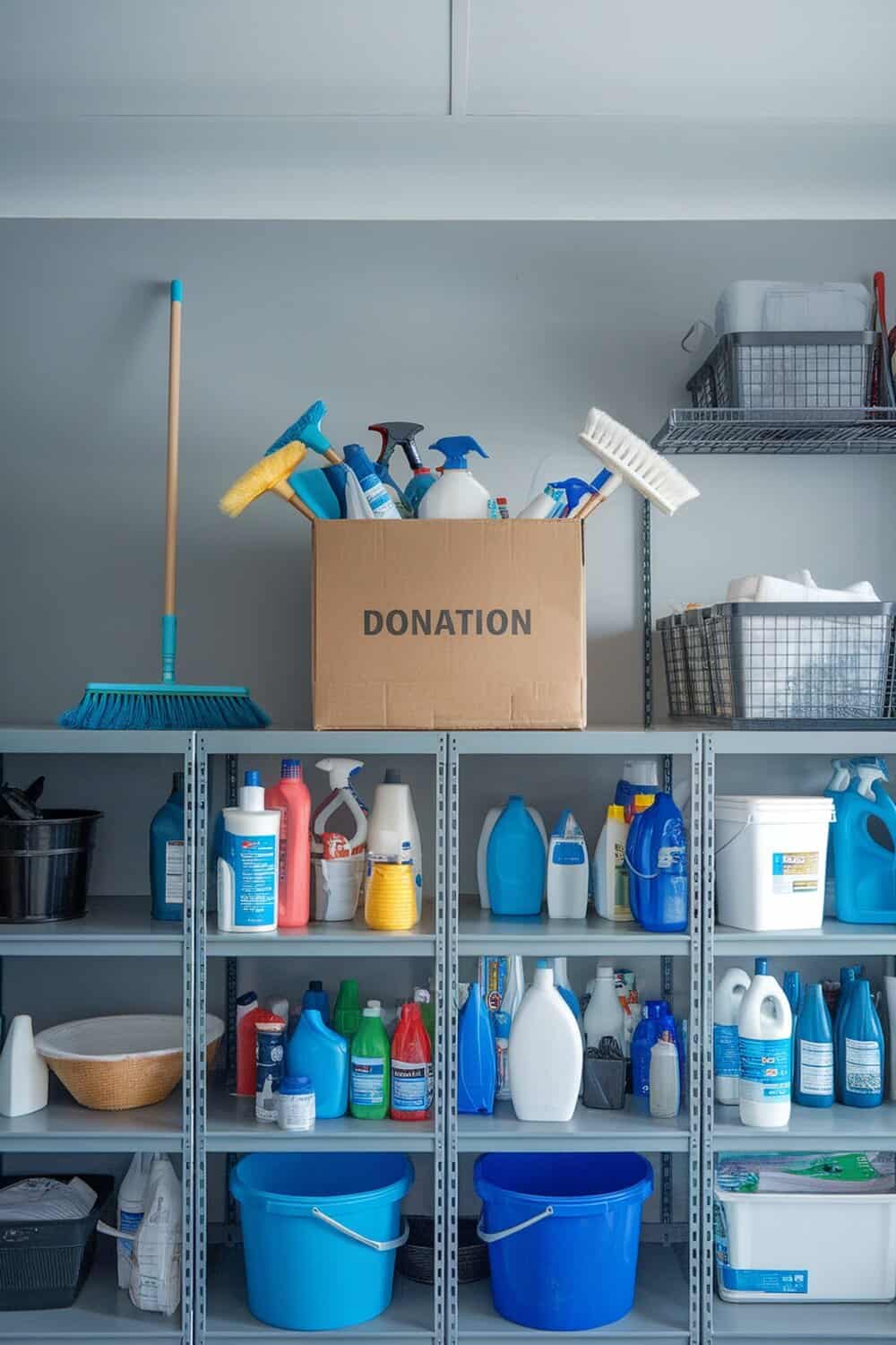 A donation box filled with cleaning supplies on a shelf.