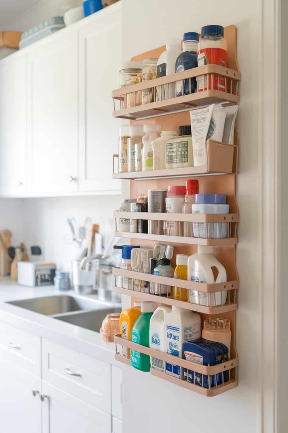 Magnetic spice rack mounted on a wall with various small containers and bottles.