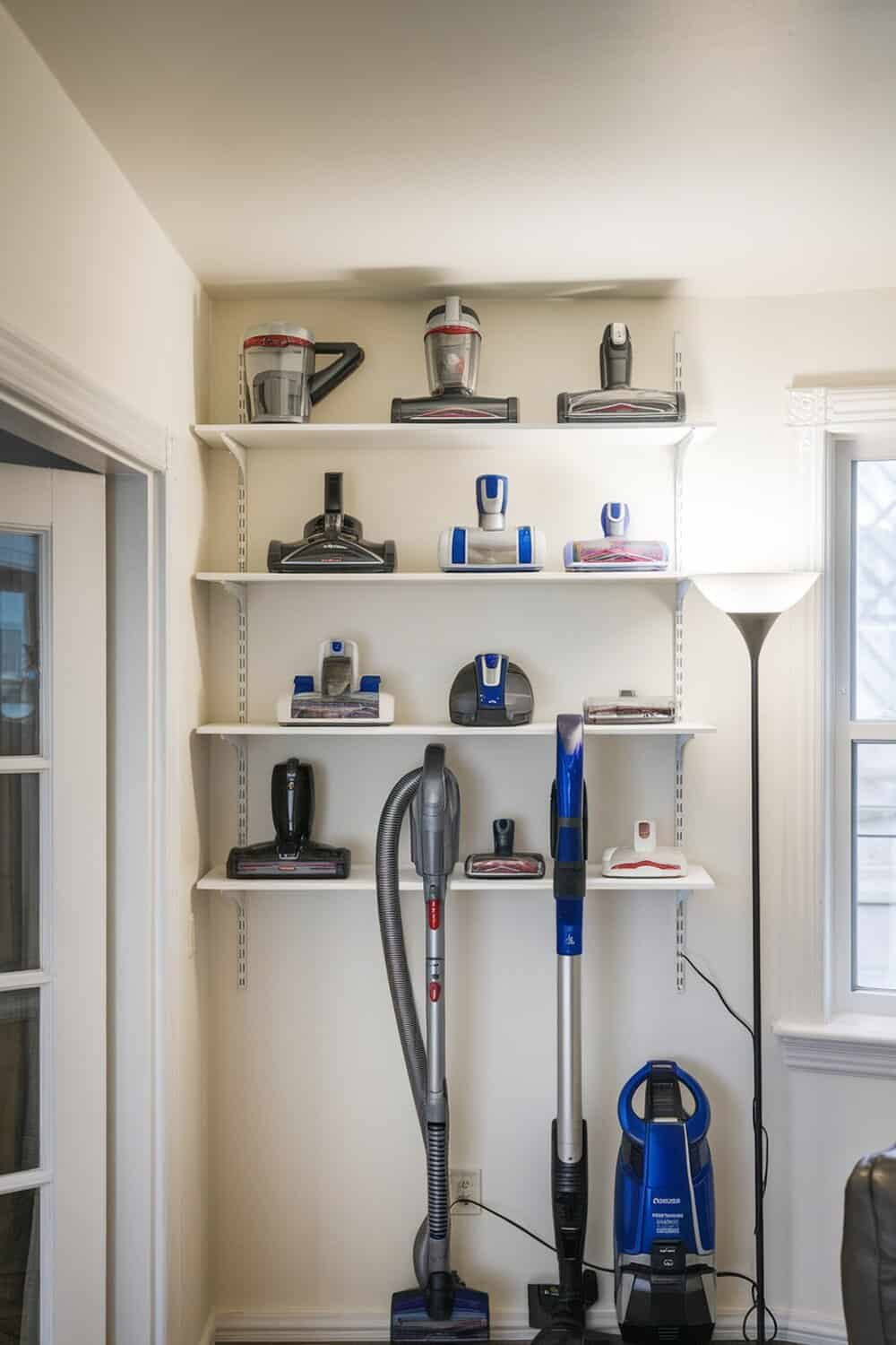 A wall-mounted shelf displaying various vacuum cleaners in a neat arrangement.