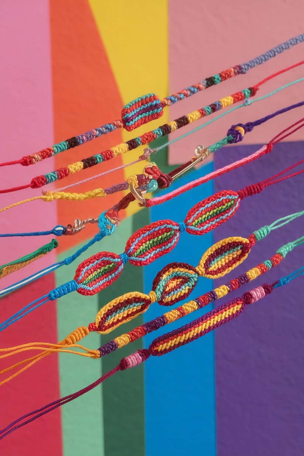 Colorful friendship bracelets hanging against a vibrant background.
