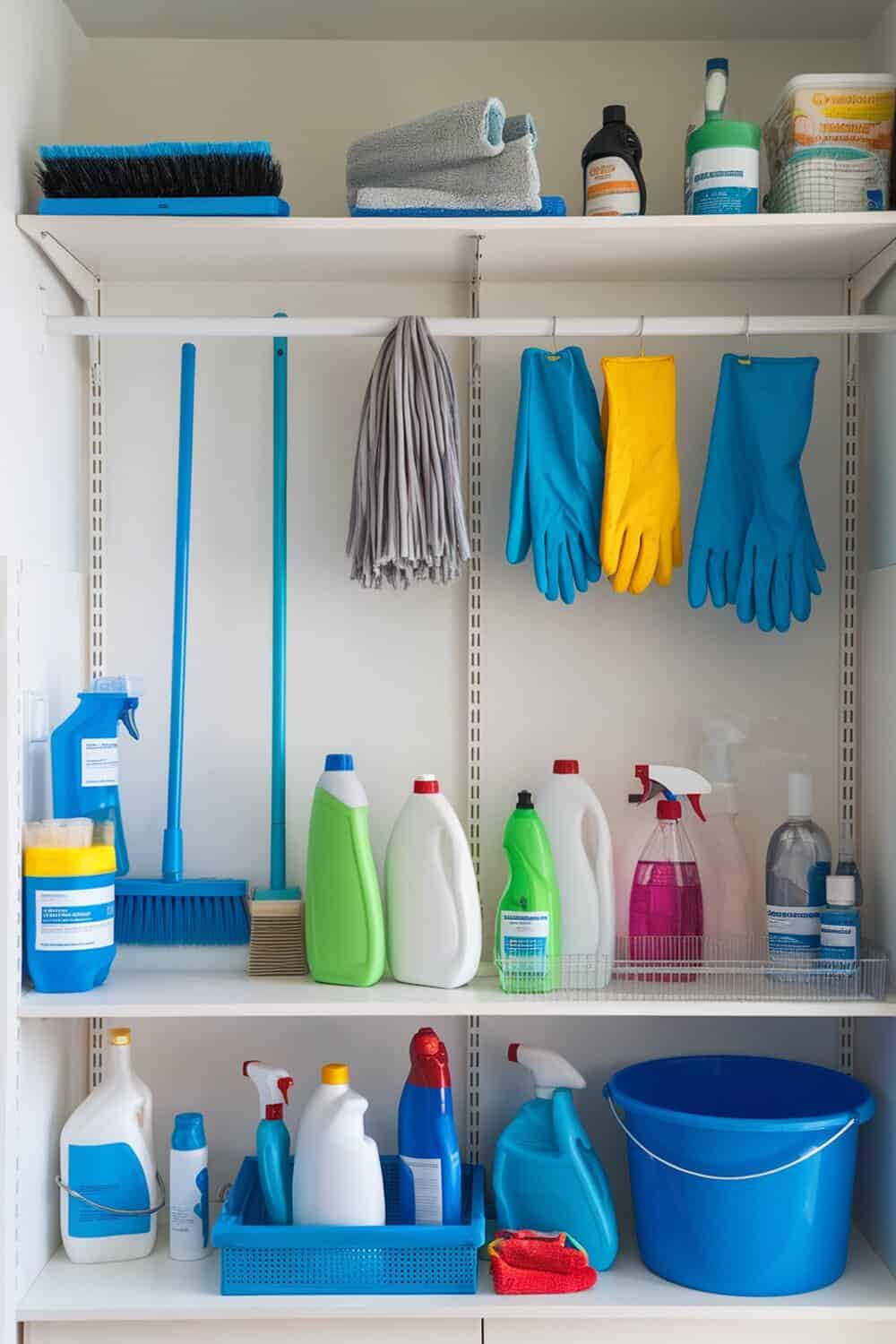 A well-organized cleaning supplies shelf with various bottles and tools.