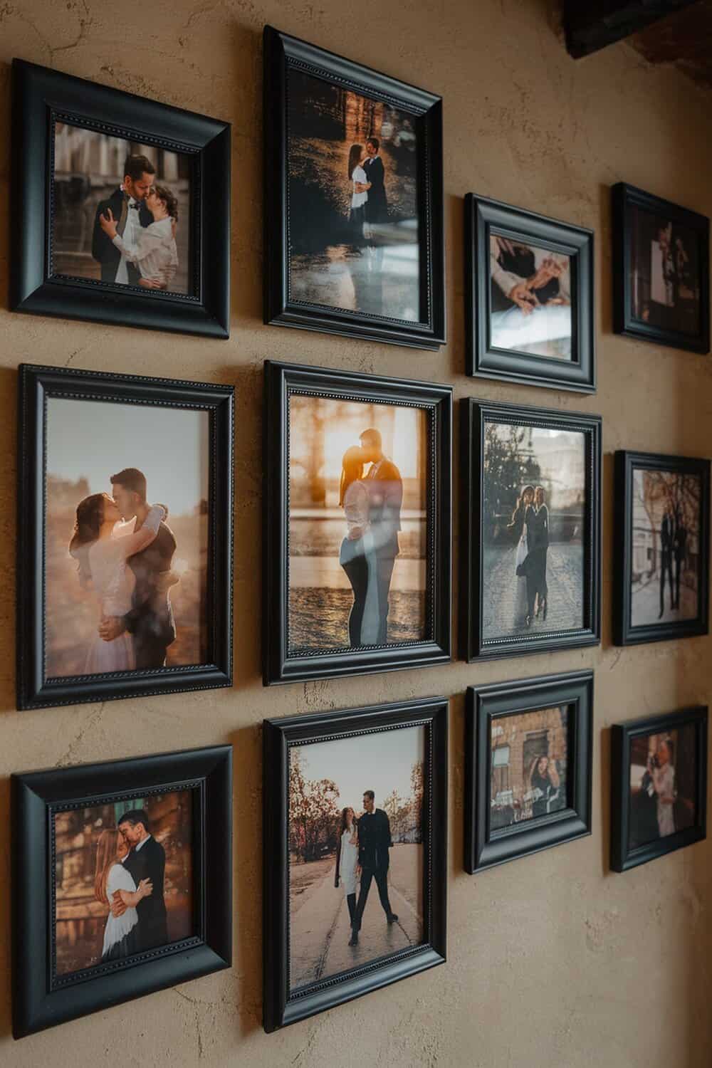 A wall display of framed photos showcasing couples in various romantic settings.