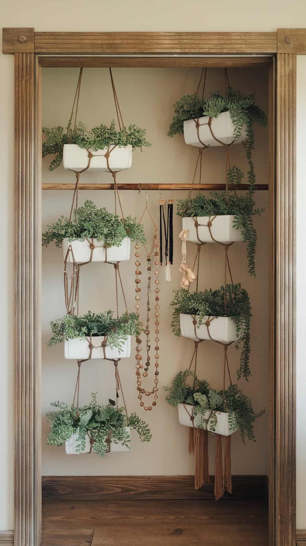 Hanging planters with greenery and accessories in a closet