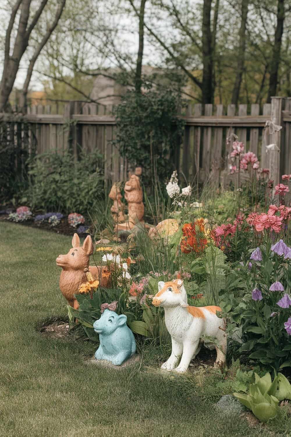 Colorful garden statues of animals among flowers in a garden.