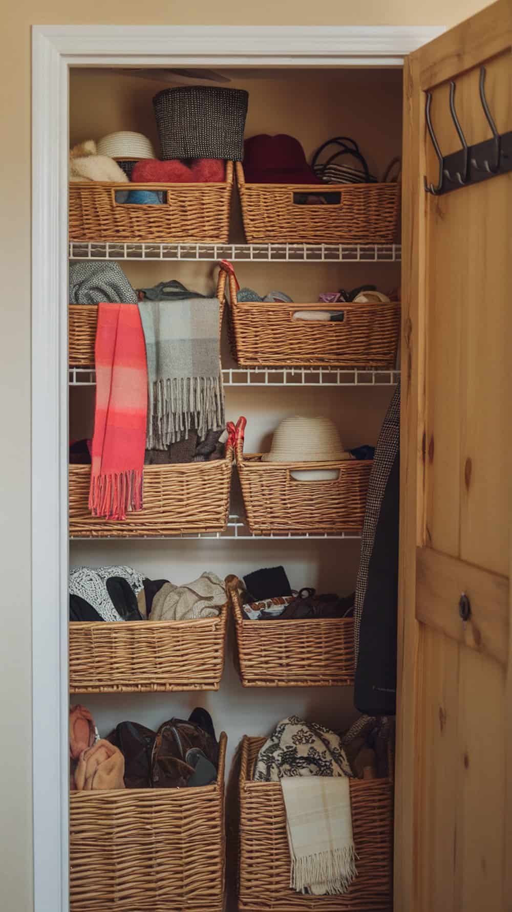 Organized closet with baskets holding various clothing items and accessories.
