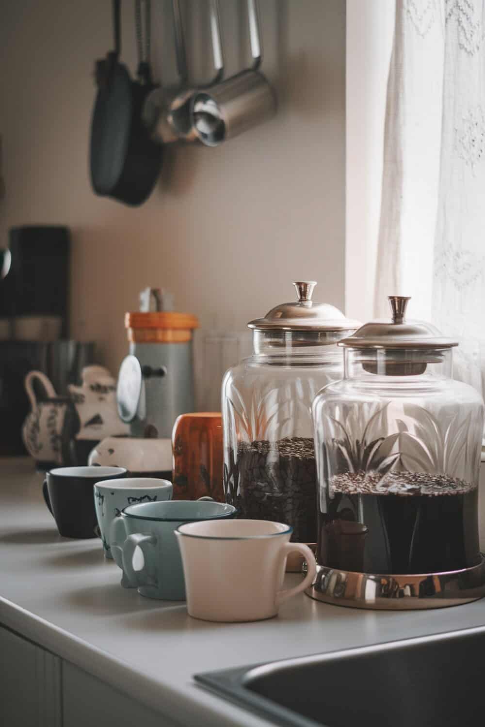 Decorative canisters for coffee and tea on a kitchen countertop.