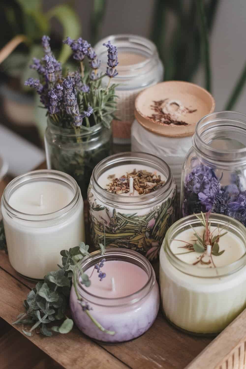 A collection of DIY scented candles in various jars with lavender and herbs.