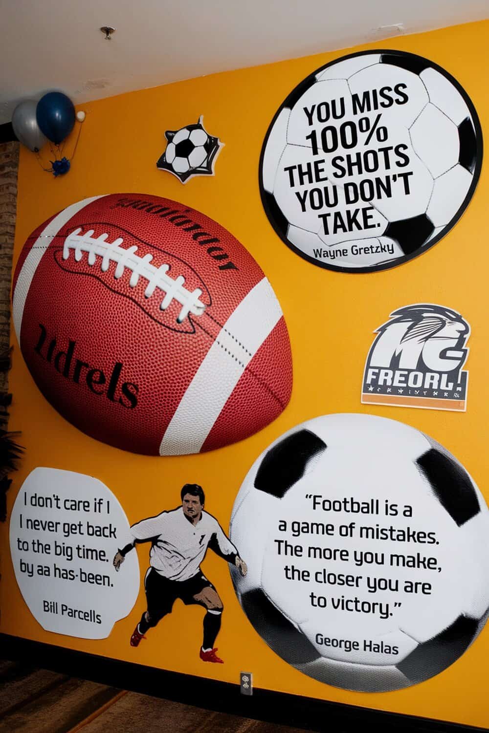 Colorful wall art featuring footballs and quotes from famous players.