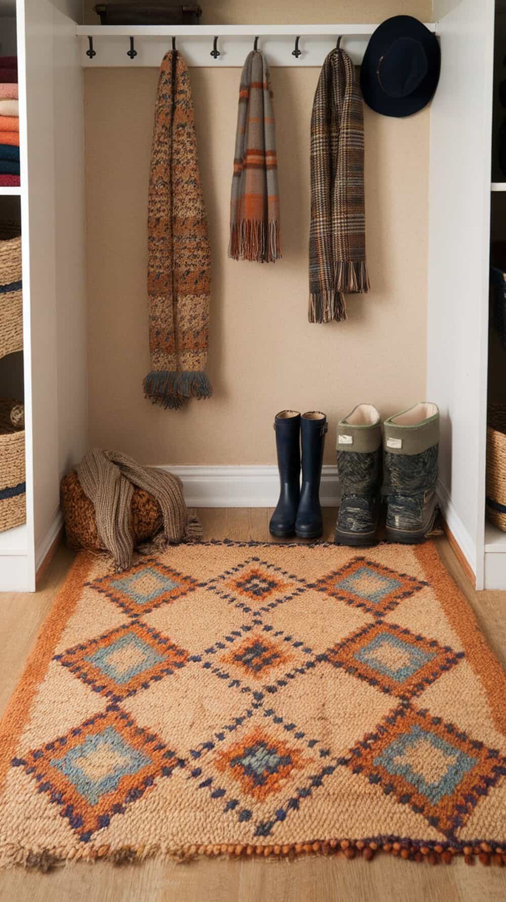 A cozy closet featuring a natural fiber rug, scarves hanging on hooks, and boots on the floor.