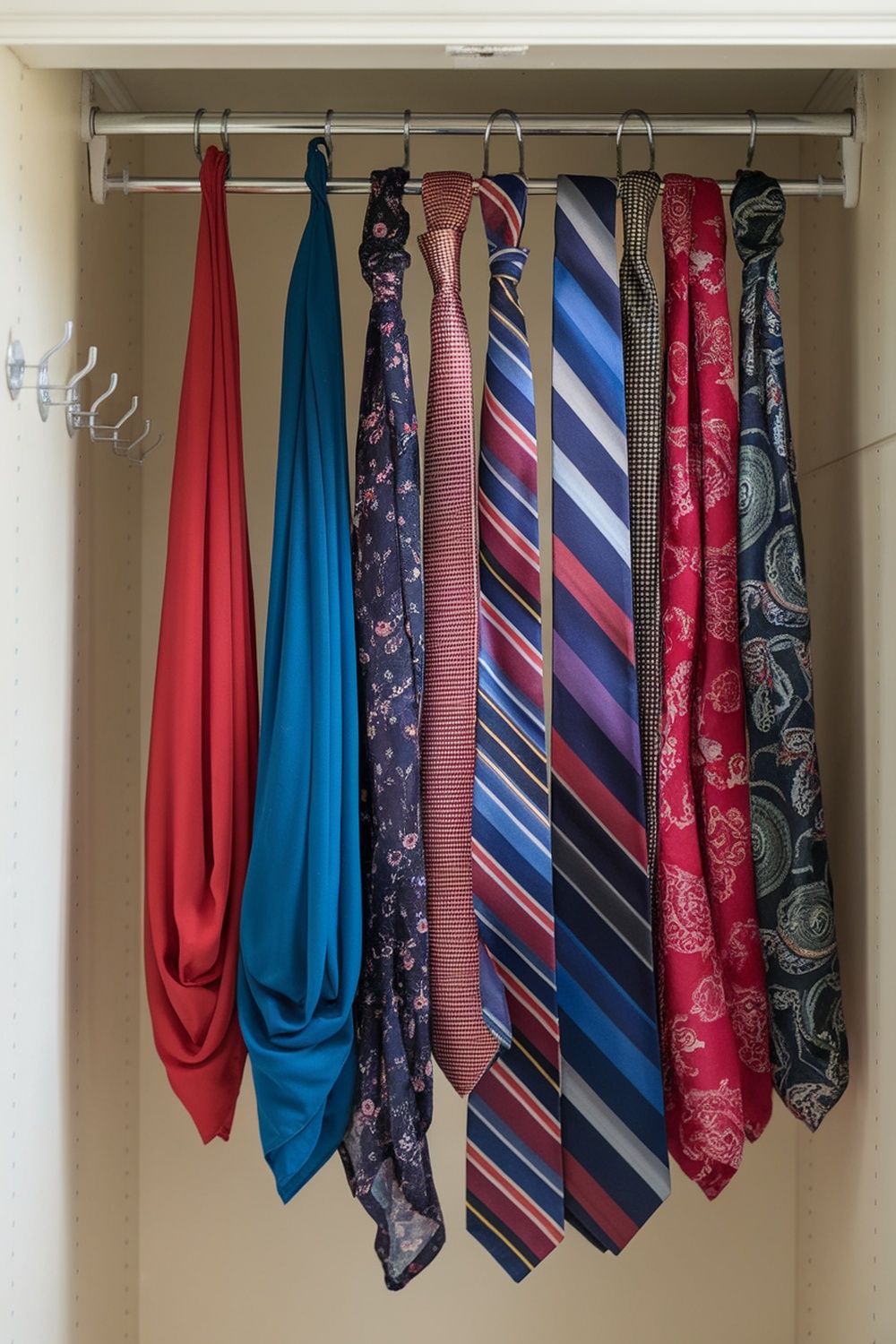 Tension rods holding various scarves and ties in a closet.