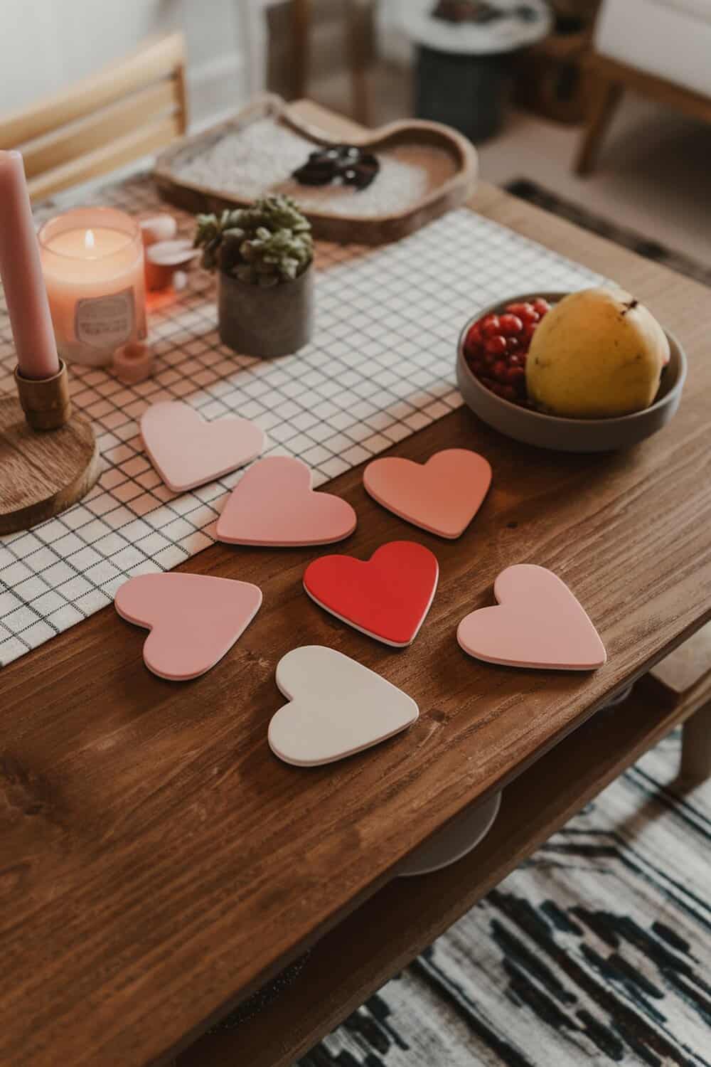 A collection of heart-shaped coasters in pink, red, and white on a wooden table.