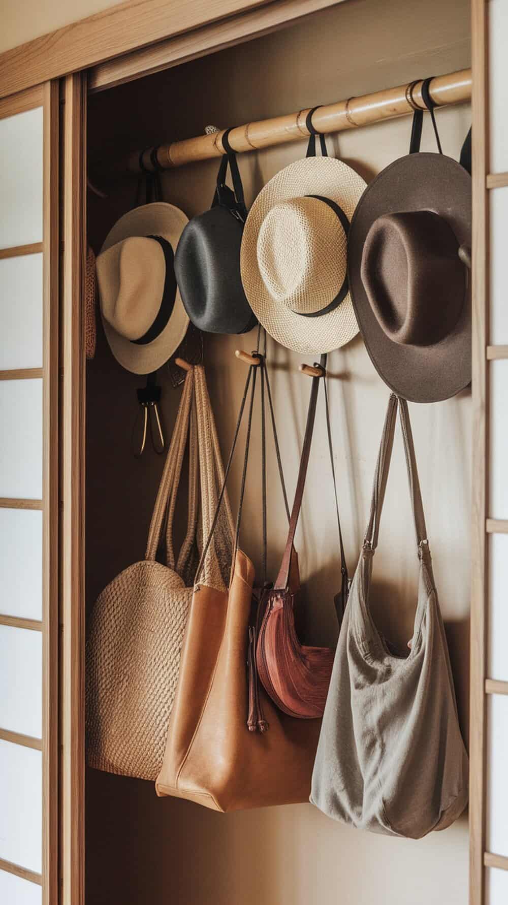 Bamboo hooks displaying various bags and hats in a closet.