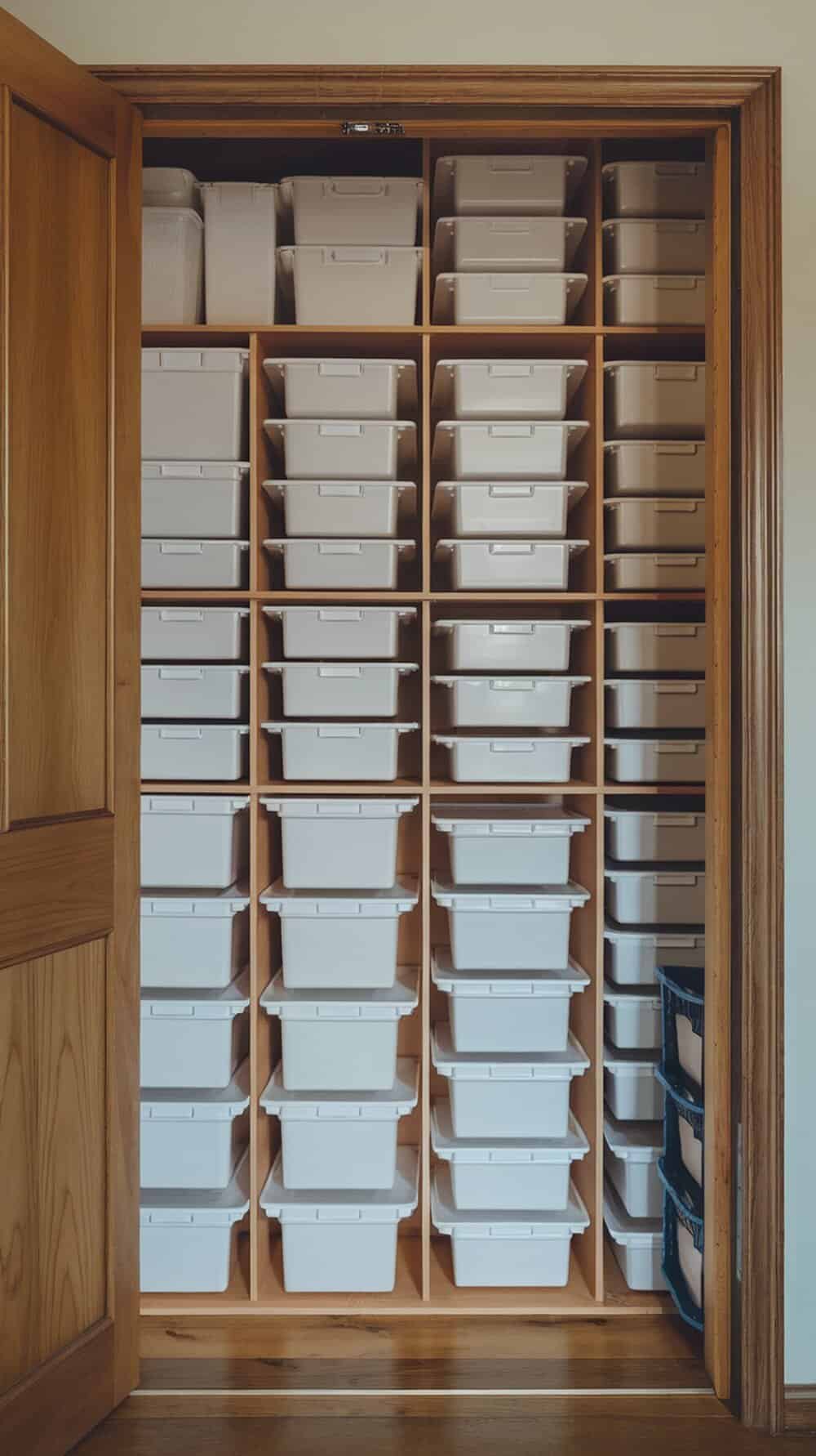 A closet filled with neatly arranged removable storage boxes.