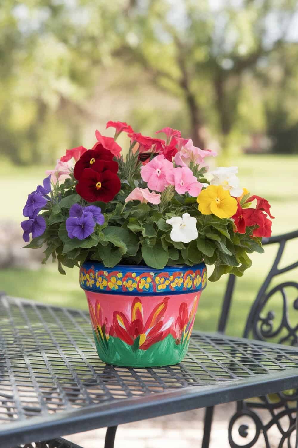 A colorful hand-painted flower pot filled with vibrant flowers, sitting on a table outdoors.