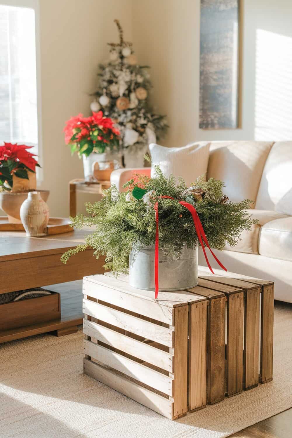 A cozy living room with a Christmas tree and festive decorations.