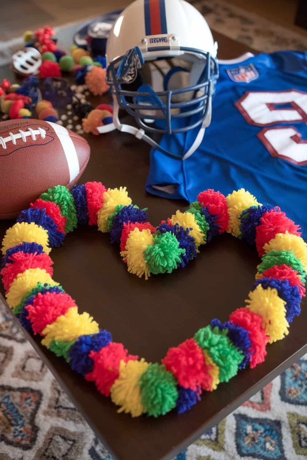 Colorful pom-poms arranged in a heart shape on a table with football gear.