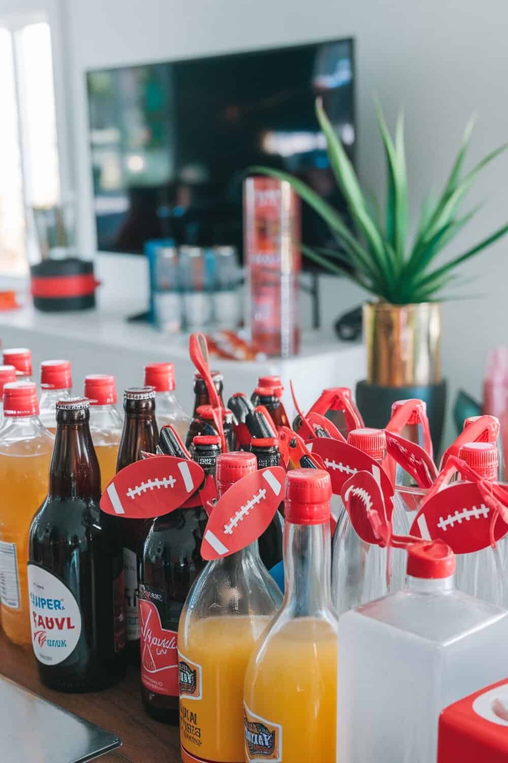A table with various drinks, each labeled with red football-themed tags.