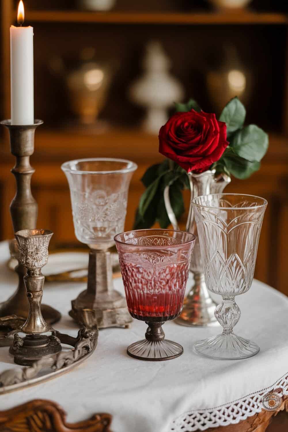 A collection of vintage glassware on a table, featuring a red rose and candle.