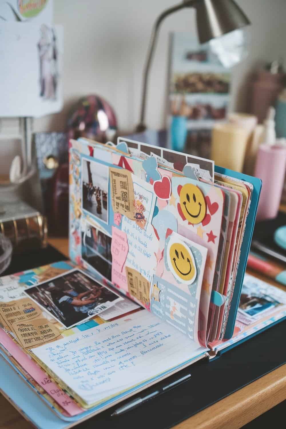 A colorful handmade scrapbook filled with photos, notes, and decorative elements.