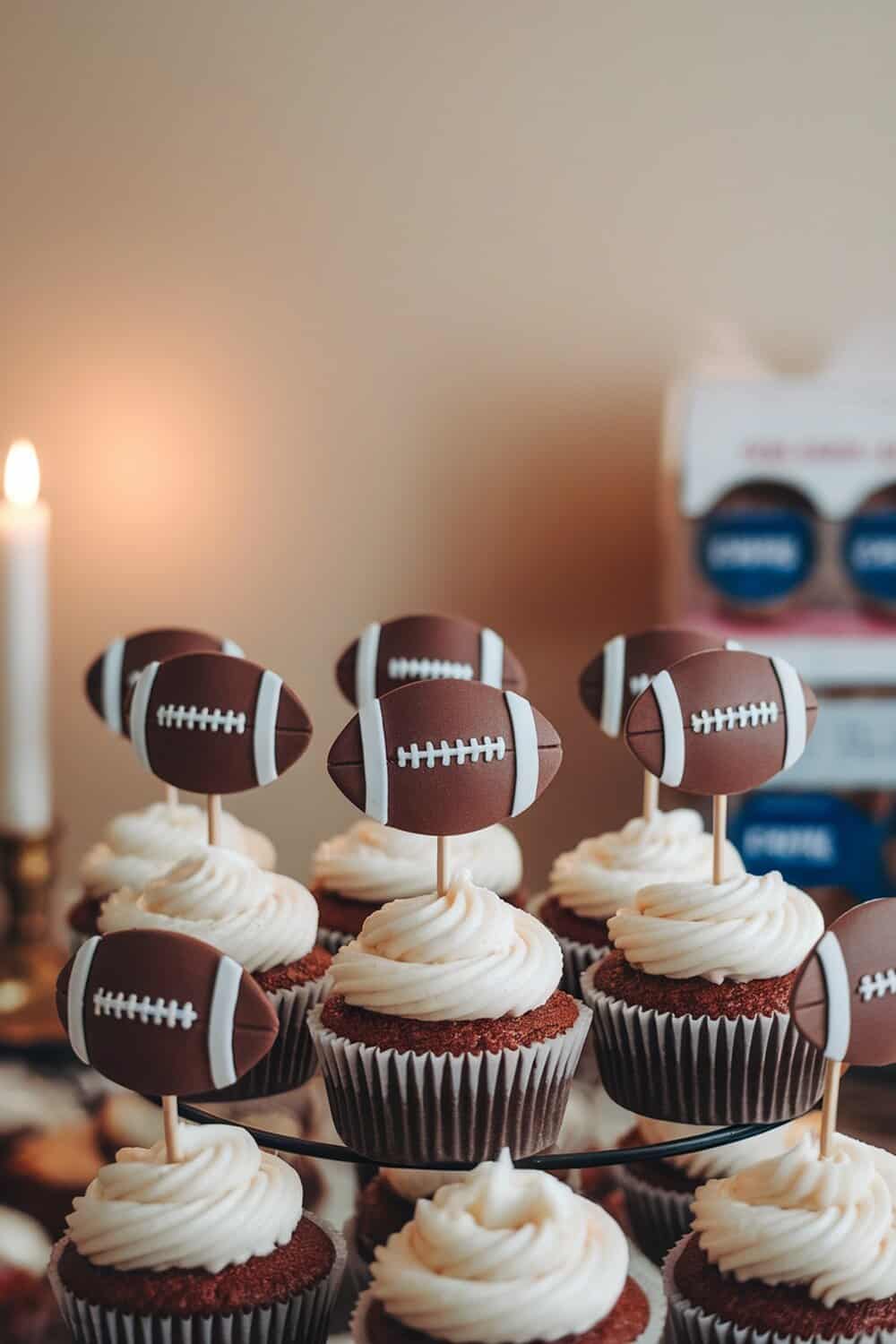 Cupcakes topped with football-shaped decorations