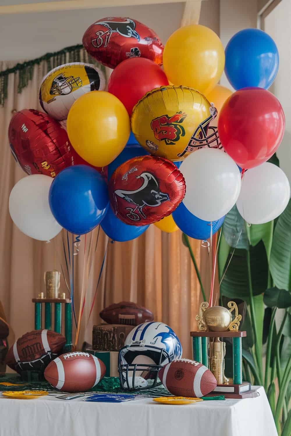 A vibrant display of team color balloons, including red, yellow, blue, and white, with football-themed designs.
