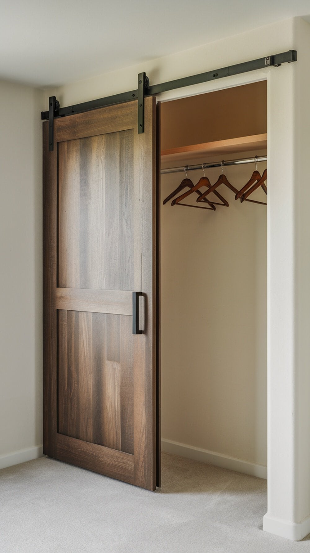 A wooden sliding door leading to a small walk-in closet with hangers.