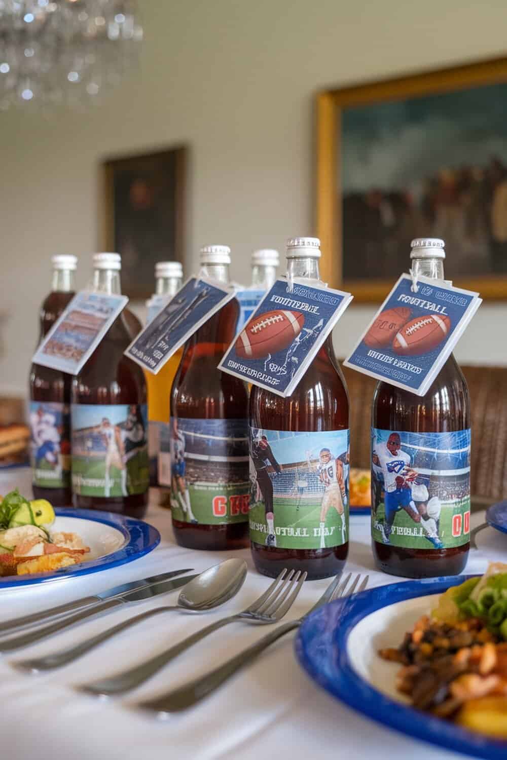 Bottles of drinks with custom labels featuring football themes and player images.