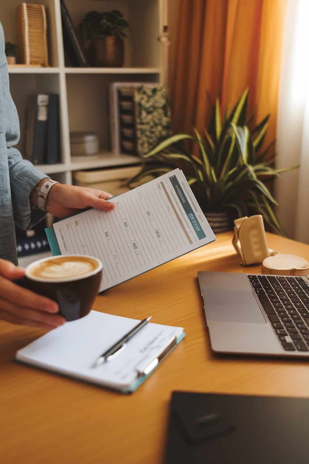 A person holding a cleaning schedule and a cup of coffee, with a laptop and notepad on a desk.