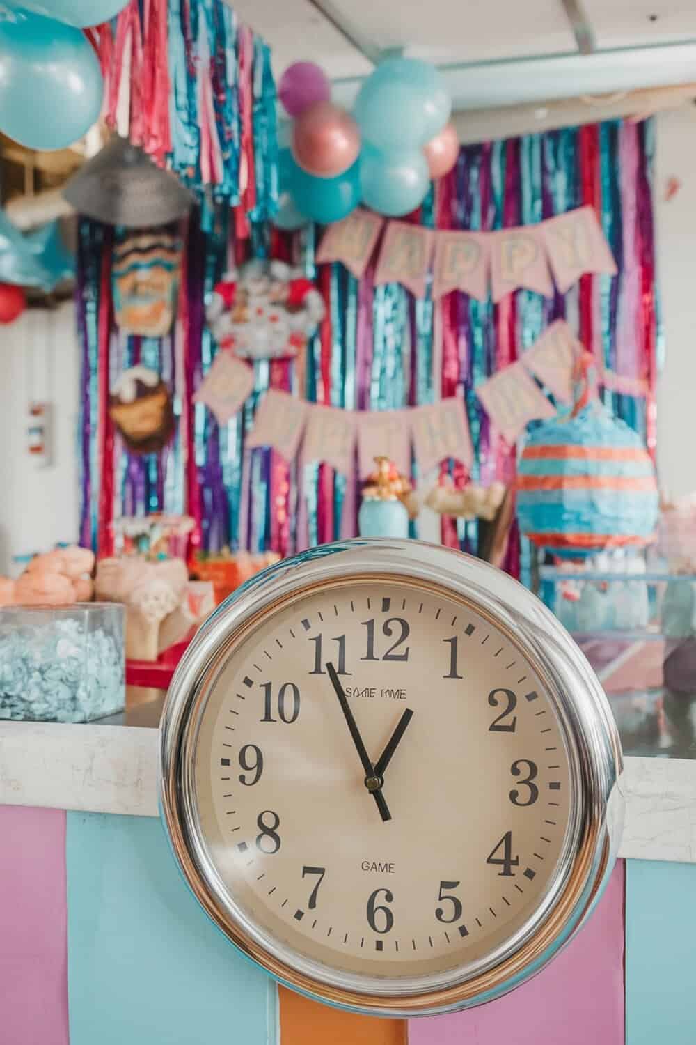 A stylish wall clock with a countdown feature, surrounded by colorful party decorations.