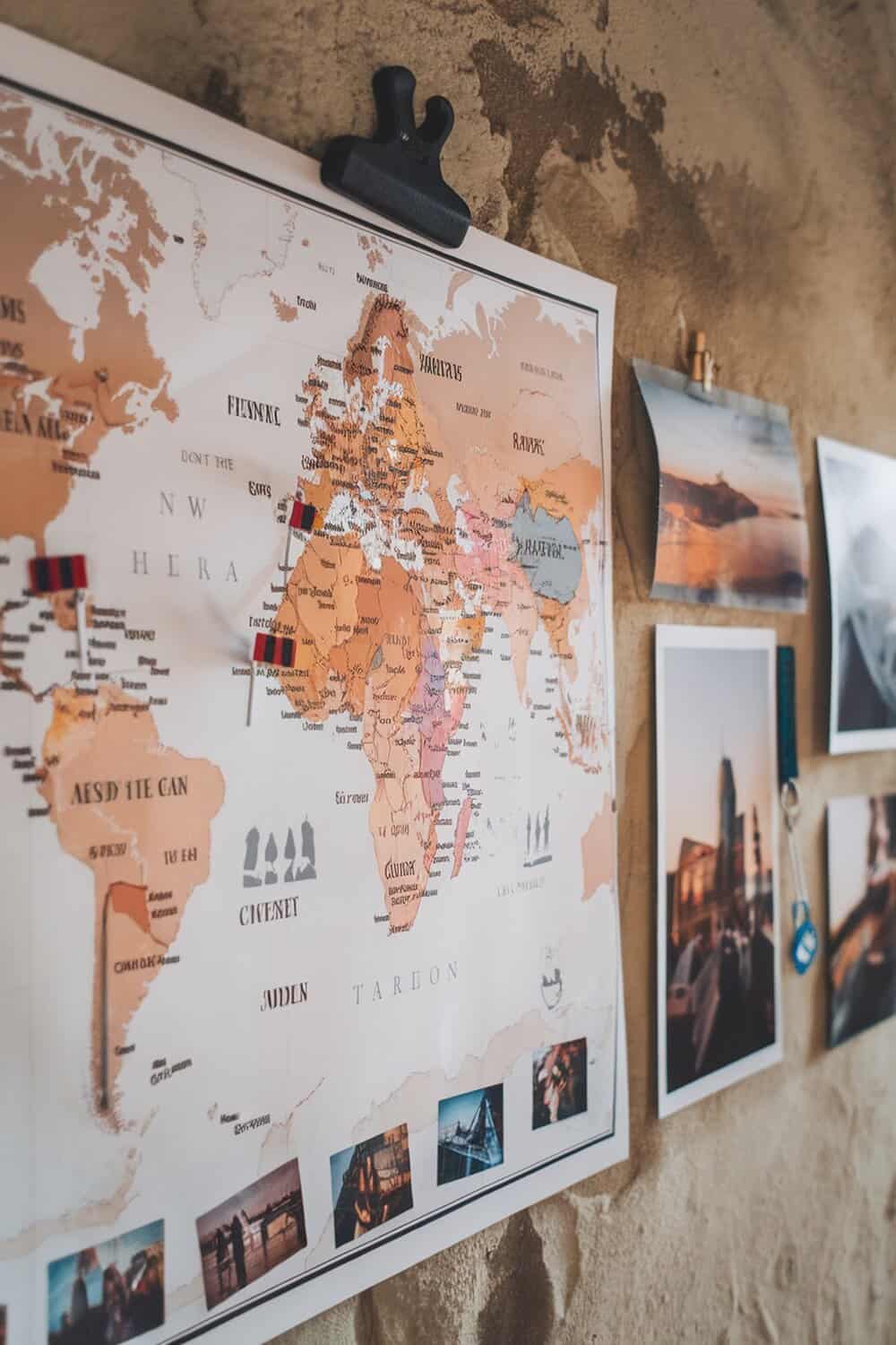 A personalized travel map with pins and photos showcasing travel memories.