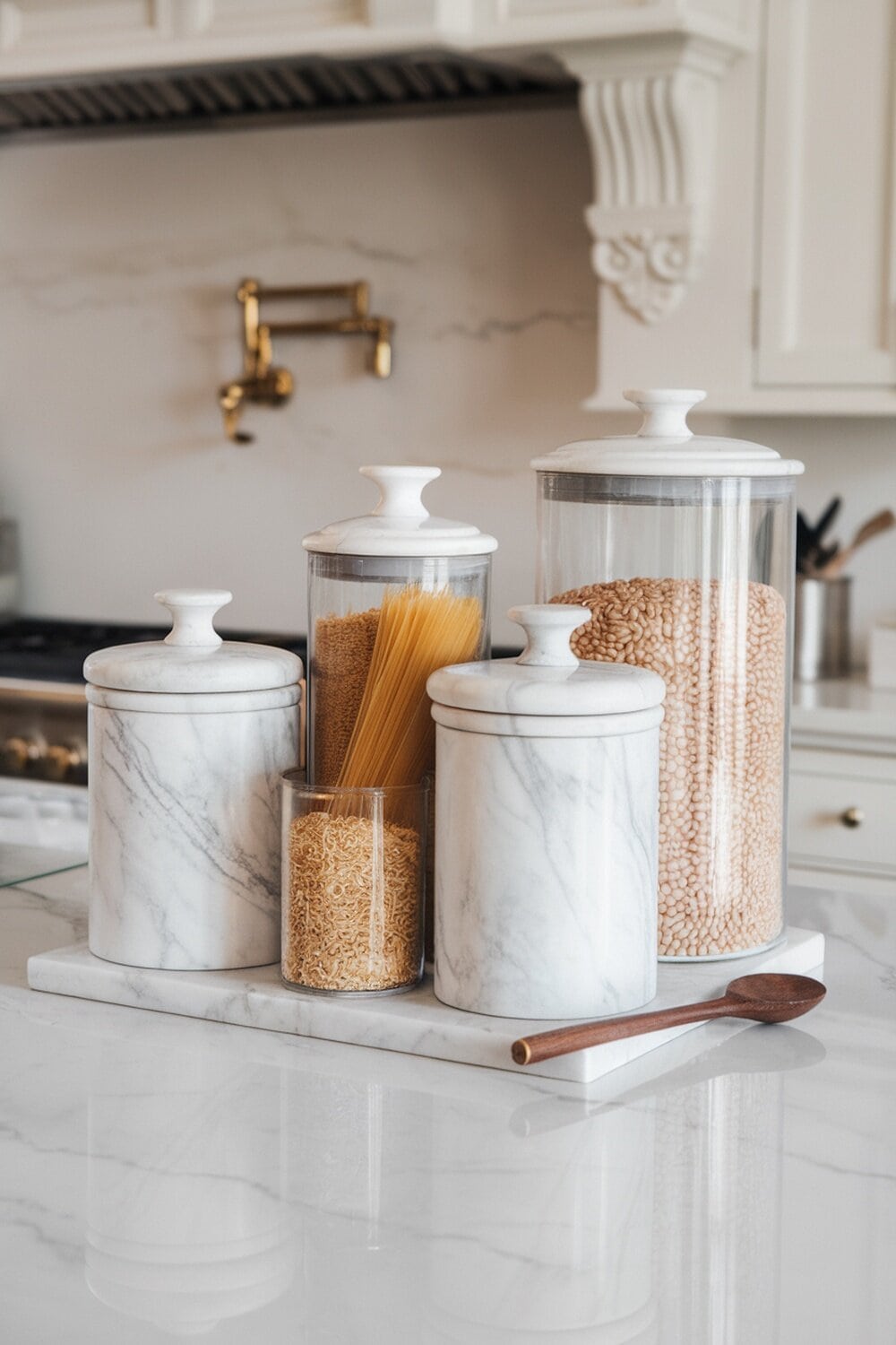 A collection of elegant marble canisters on a kitchen countertop.