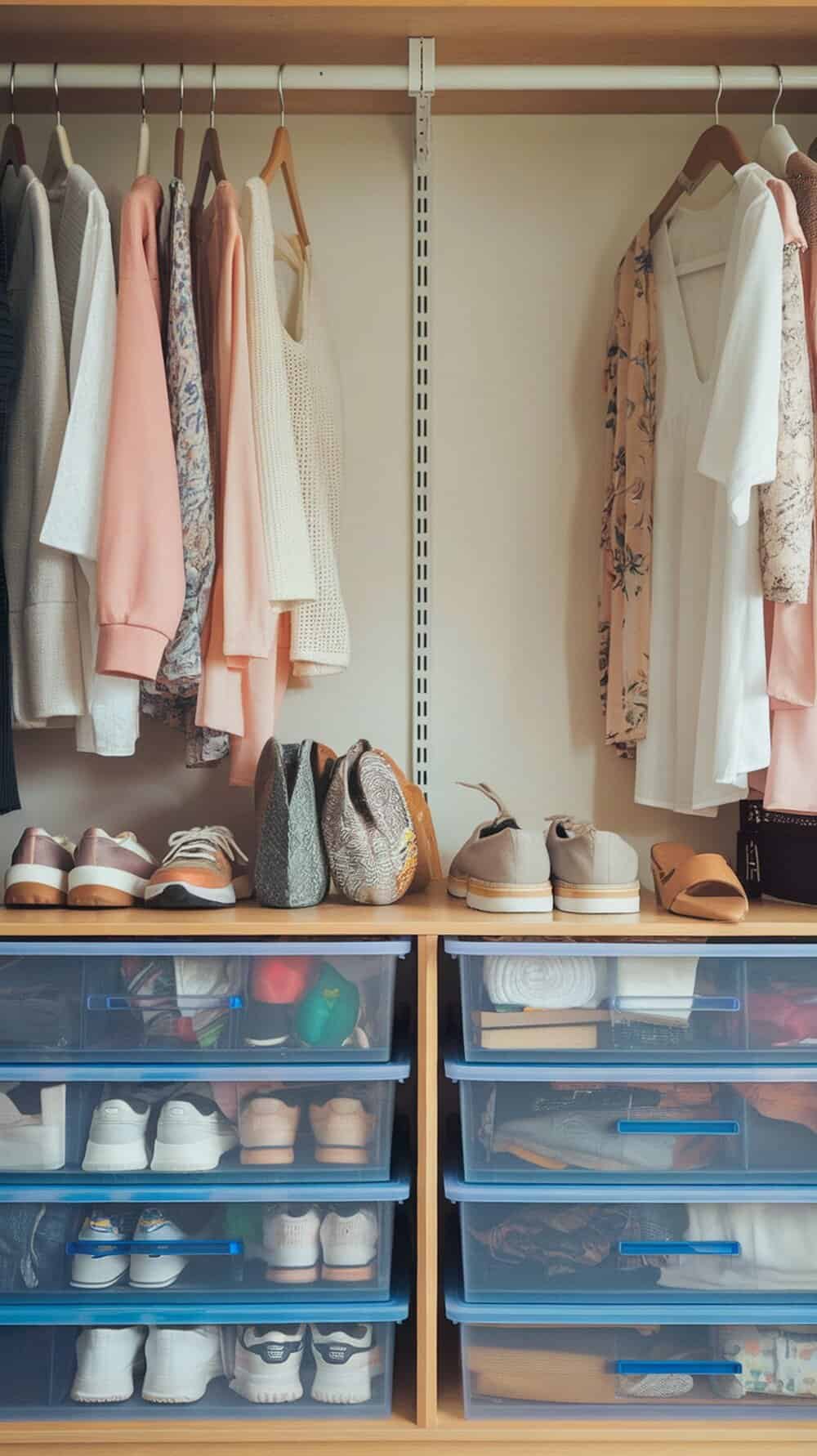 A closet with organized drawers and hanging clothes, showcasing eco-friendly drawer organizers.