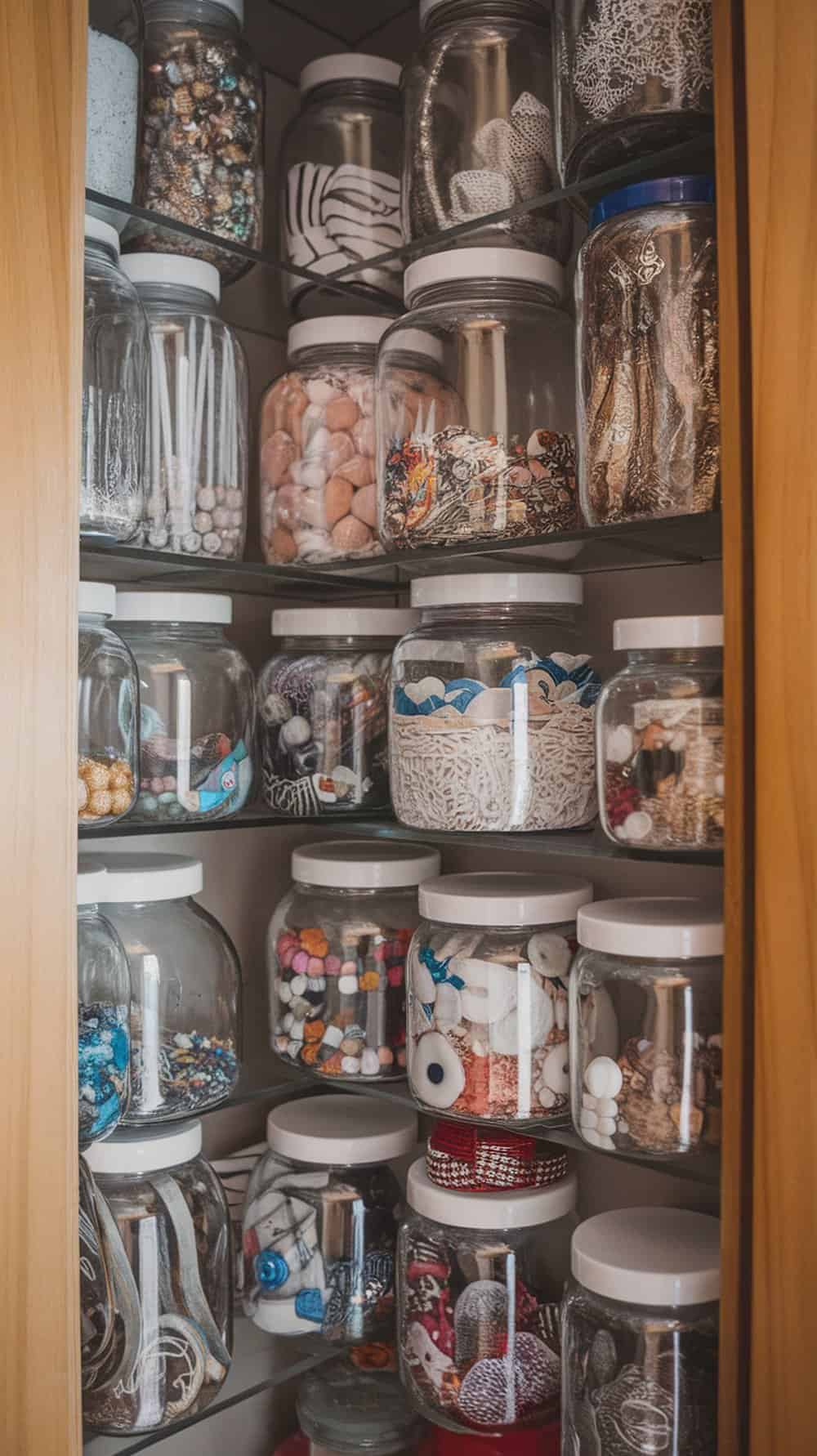 A collection of repurposed glass jars filled with various small items, neatly organized on shelves.
