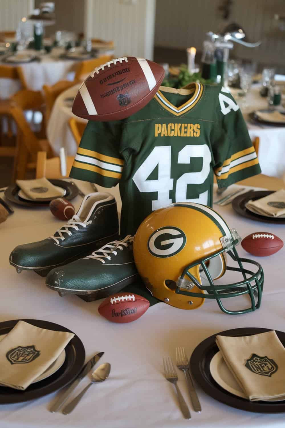 Vintage football memorabilia centerpiece featuring a jersey, cleats, and a football.
