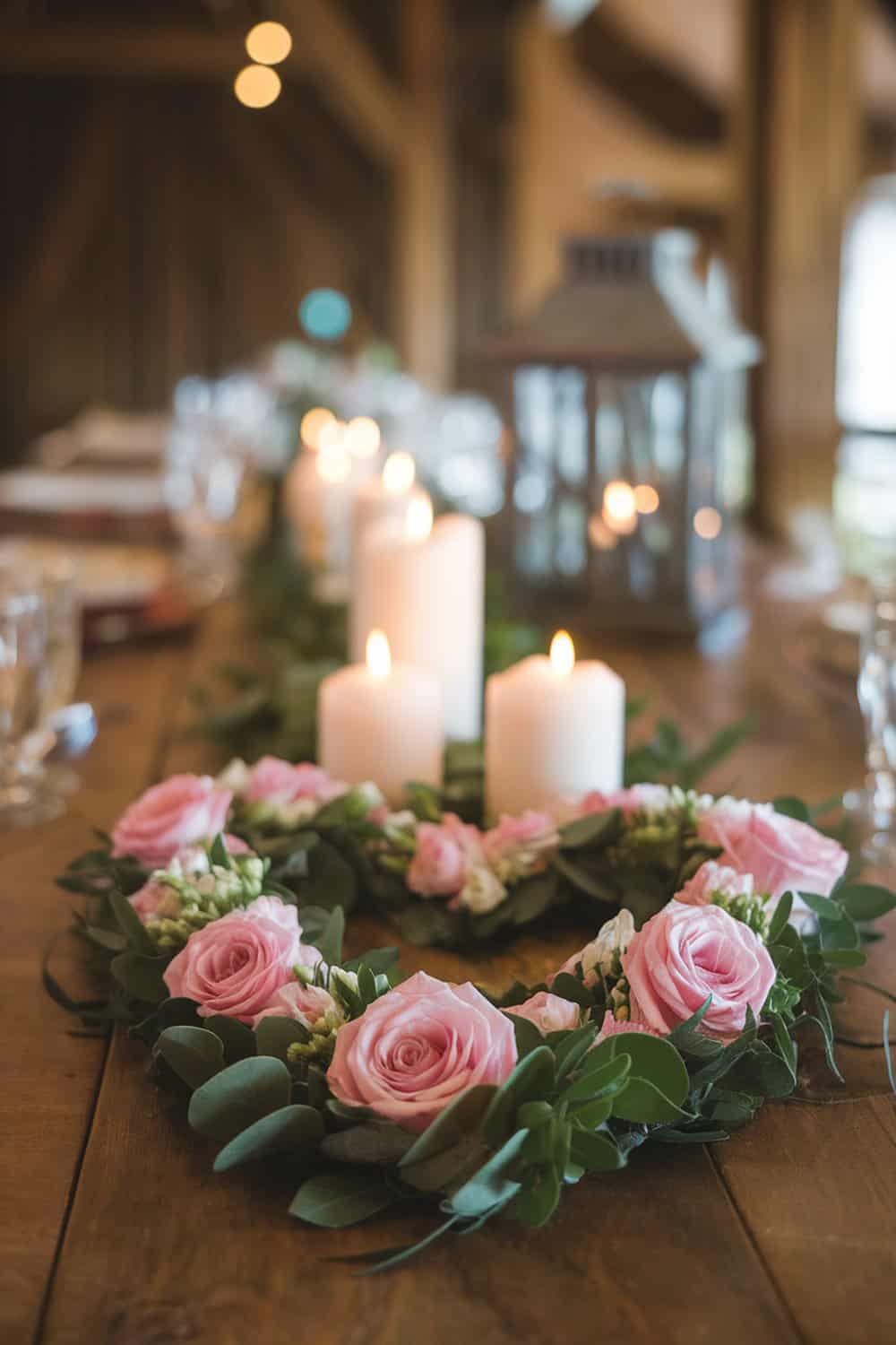 A heart-shaped floral centerpiece with pink roses and candles on a wooden table.