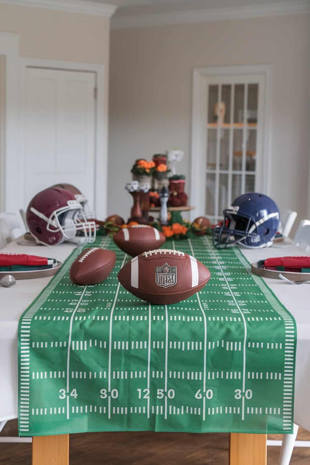 A table set with a football field table runner, footballs, and helmets.